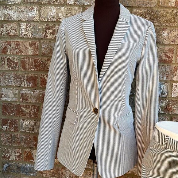 J. Crew Jacket Women's Sz 6t Seersucker Gray and White Striped One-Button Suit - Picture 3 of 9